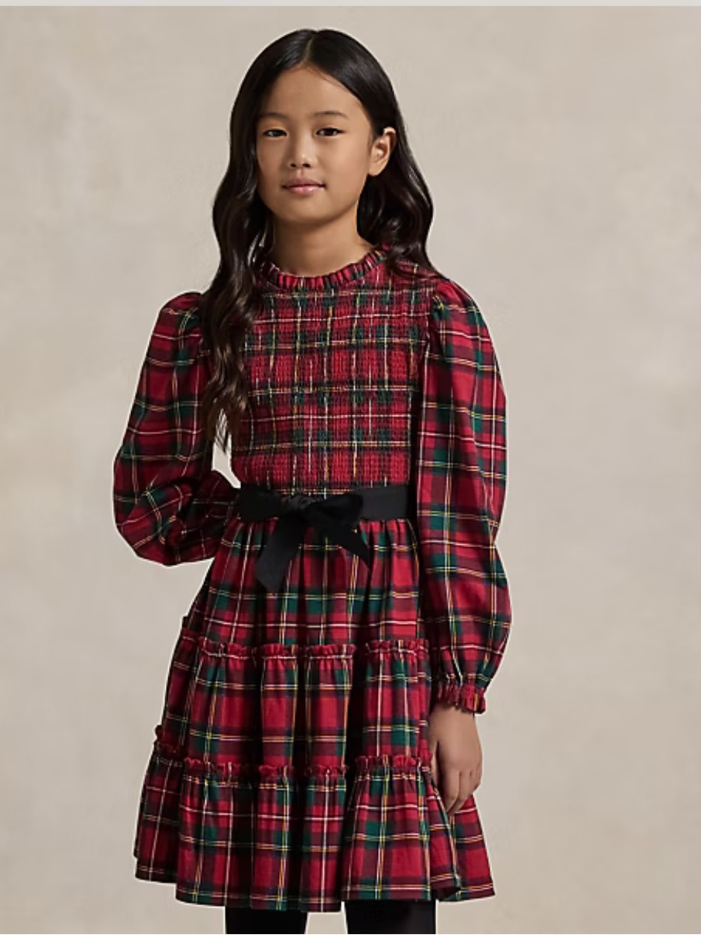Ralph Lauren Red Green Plaid Smocked Dress with Black Waist Bow